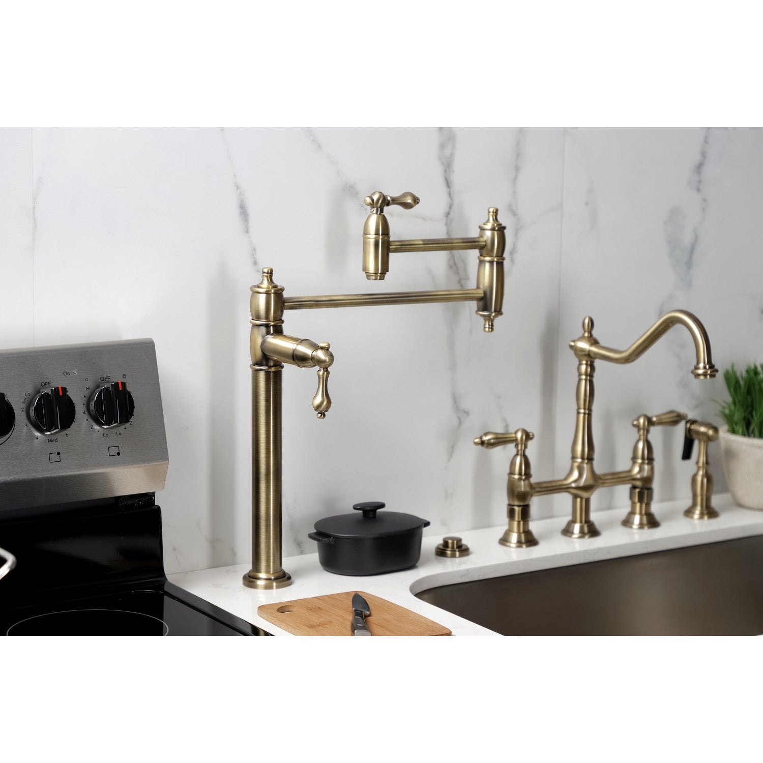 Kingston Heirloom KS3703AL - Restoration Two-Handle 1-Hole Deck Mount Pot Filler Faucet, Antique Brass — thumbnail 3